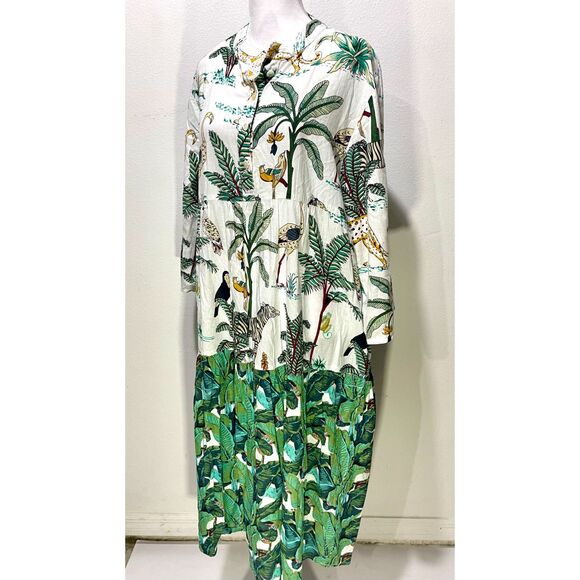 Mary Marshmallow dress safary tropical forest animal green colorful women's L - Picture 3 of 7